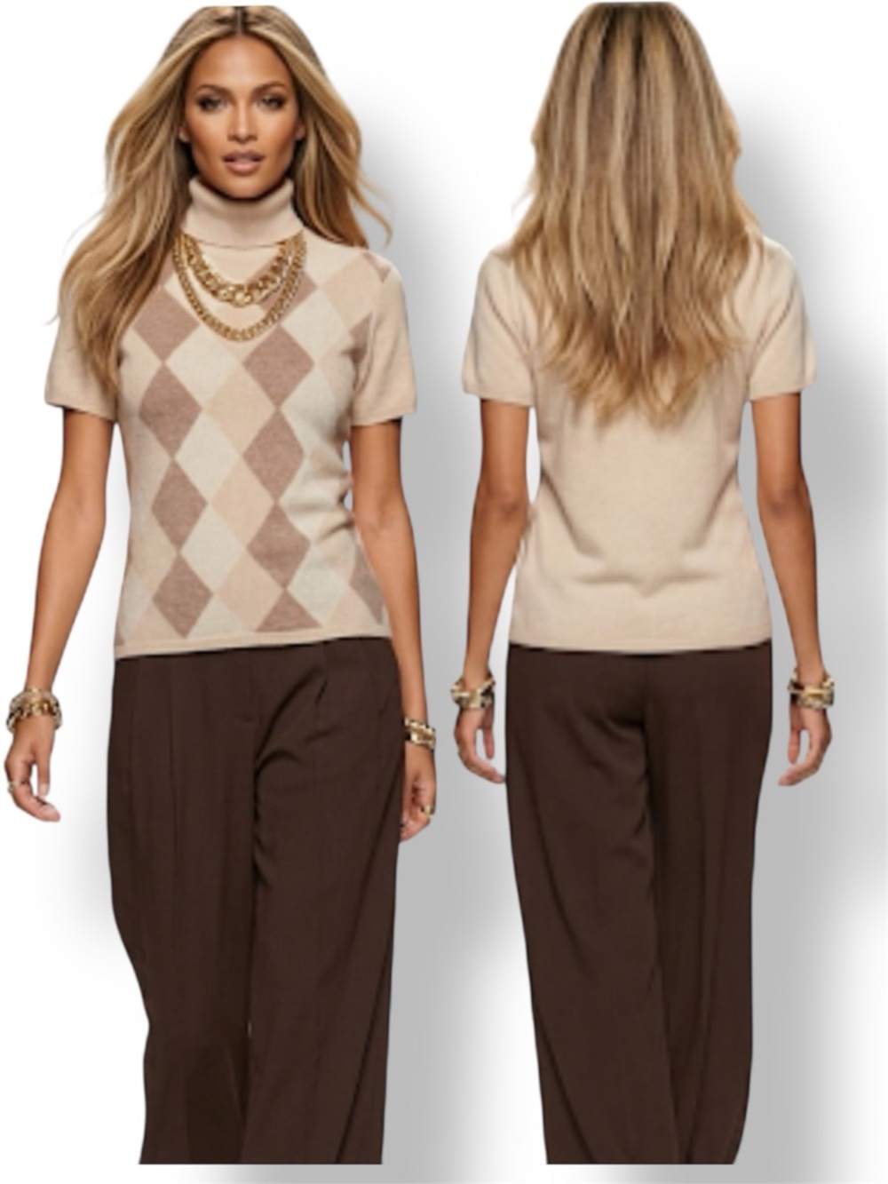 Madison Studio Luxury 100% Cashmere Argyle Turtleneck Short Sleeve Sweater M